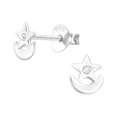 Silver Moon and Star Ear Studs with Crystal
