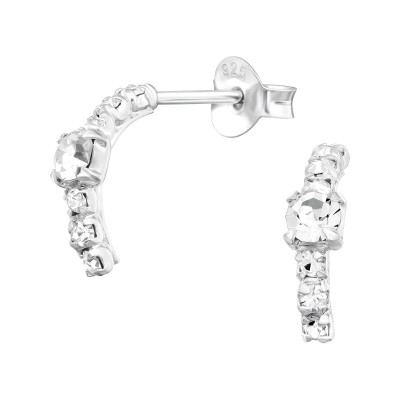 Silver Semi Hoops Ear Studs with Crystal