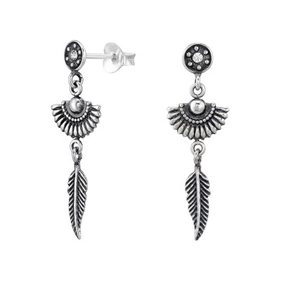 Ethnic Sterling Silver Ear Studs with Crystal