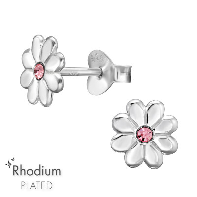 Silver Flower Ear Studs with Crystal