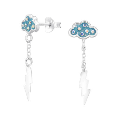 Cloud and Lightning Rod Sterling Silver Ear Studs with Crystal and Epoxy