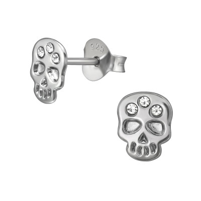 Silver Skull Ear Studs with Crystal