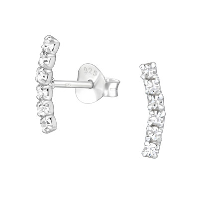 Silver Curved Bar Ear Studs with Crystal