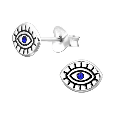 Silver Evil Eye Ear Studs with Crystal and Epoxy