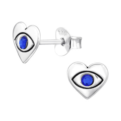 Silver Evil Eye Ear Studs with Crystal