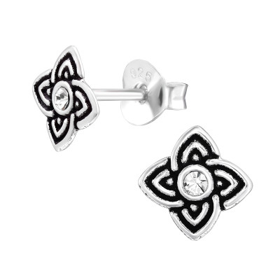 Silver Flower Ear Studs with Crystal