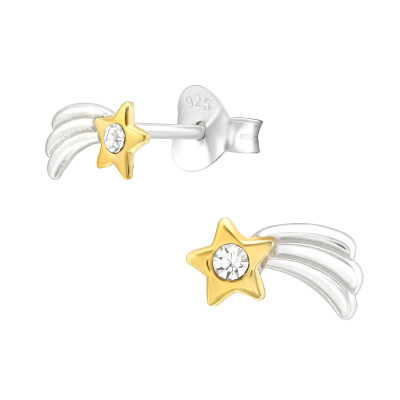 Silver Shooting Star Ear Studs with Crystal