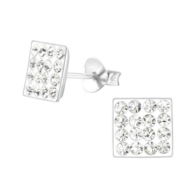 Silver Square Ear Studs with Crystal