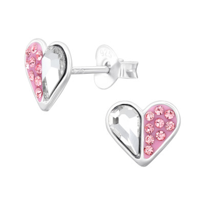 Hearts Sterling Silver Ear Studs with Crystal
