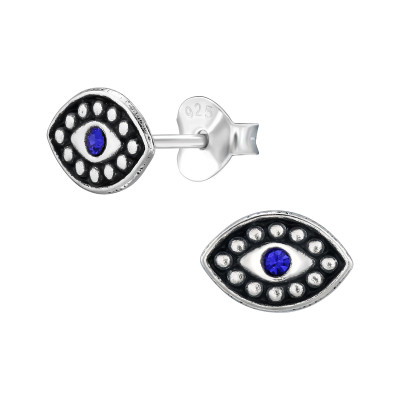 Evil Eye Sterling Silver Ear Studs with Crystal