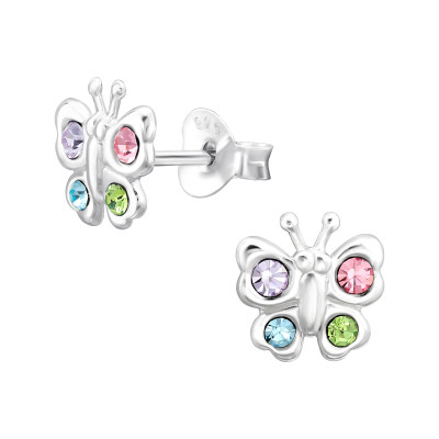 Butterfly Sterling Silver Ear Studs with Crystal