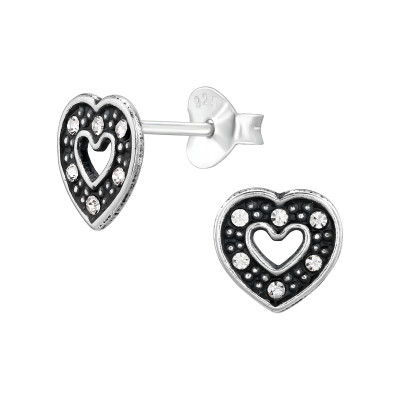 Heart Sterling Silver Ear Studs with Crystal