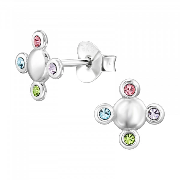 Lovely Round Sterling Silver Ear Studs with Crystal