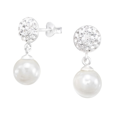 Silver Round Ear Studs with Crysta Hanging and Synthetic Pearl