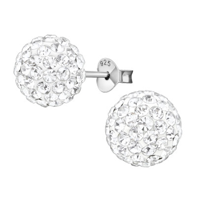 Silver Ball Ear Studs with Crystal