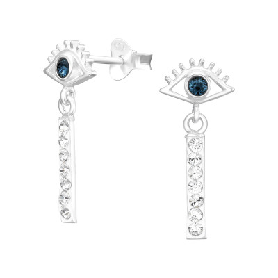 Silver Eye Ear Studs with Hanging Bar and Genuine European Crystal