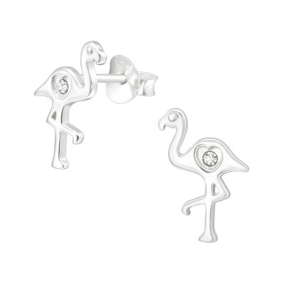 Silver Flamingo Ear Studs with Crystal