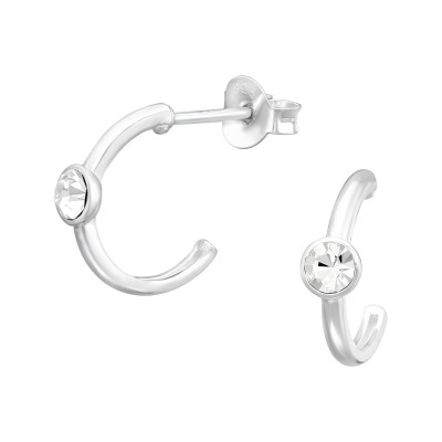 Silver Half Hoop Ear Studs with Crystal