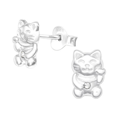 Silver Lucky Cat Ear Studs with Crystal