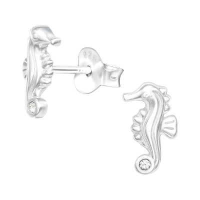 Silver Seahorse Ear Studs with Crystal