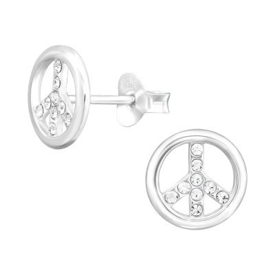 Silver Peace Symbol Ear Studs with Crystal