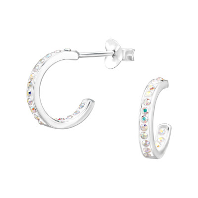 Sterling Silver Half Hoop Ear Studs with Crystal