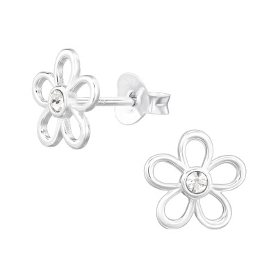Flower Sterling Silver Ear Studs with Crystal