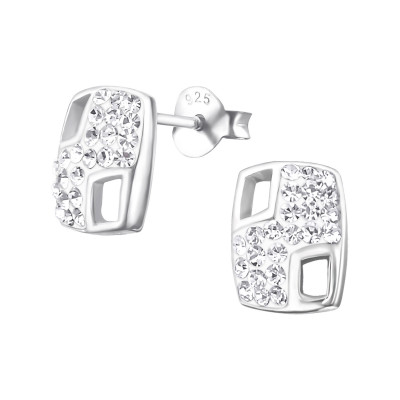 Silver Rectangle Ear Studs with Crystal