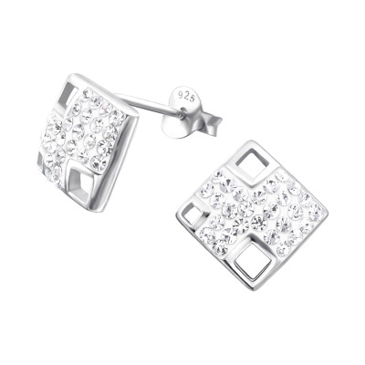 Rectangle Sterling Silver Ear Studs with Crystal