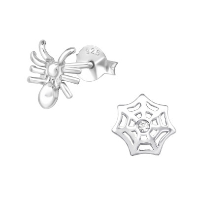 Silver Spider and Spider Web Ear Studs with Crystal