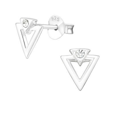 Silver Triangle Ear Studs with Crystal