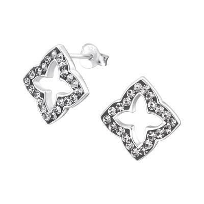 Silver Flower Ear Studs with Crystal