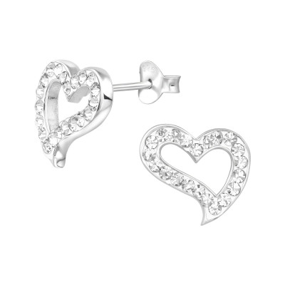 Heart Sterling Silver Ear Studs with Crystal