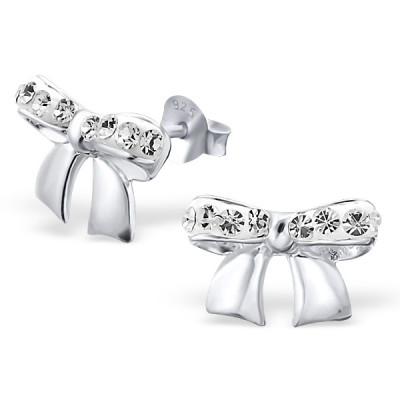 Silver Bow Ear Studs with Crystal