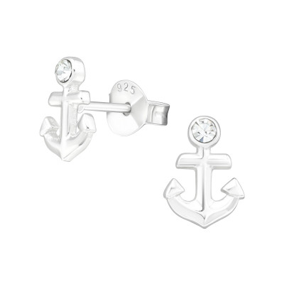 Silver Anchor Ear Studs with Crystal