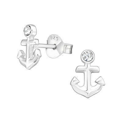 Silver Anchor Ear Studs with Crystal