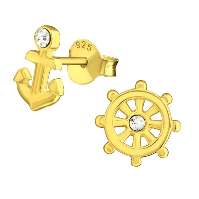 Anchor and Wheel Sterling Silver Ear Studs with Crystal