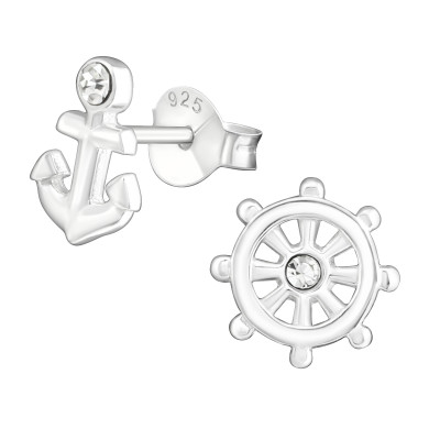 Silver Anchor and Ship's Wheel Ear Studs with Crystal