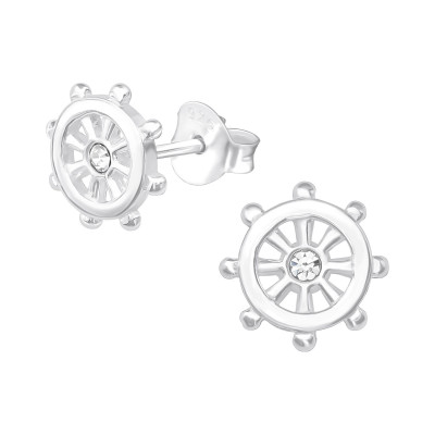 Silver Ship's Wheel Ear Studs with Crystal