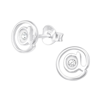 Silver @ Sign Ear Studs with Crystal