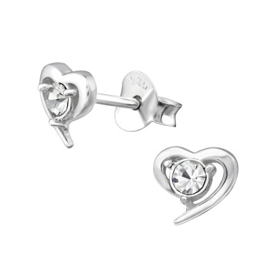 Silver Heart Ear Studs with Crystal