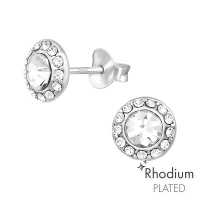 Silver Round Ear Studs with Crystal