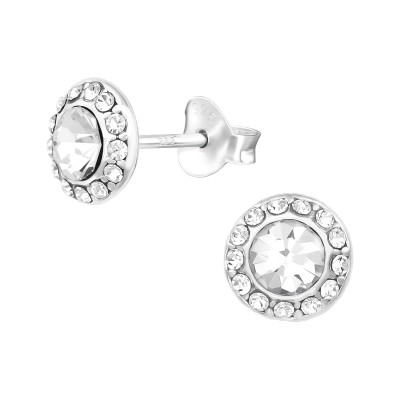 Silver Roun Ear Studs with Crystal