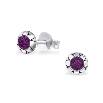 Silver Round Ear Studs with Crystal