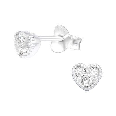 Silver Heart Ear Studs with Crystal