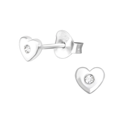 Silver Heart Ear Studs with Crystal