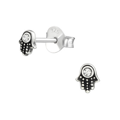 Silver Hamsa Ear Studs with Crystal