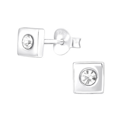 Silver Square Ear Studs with Crystal