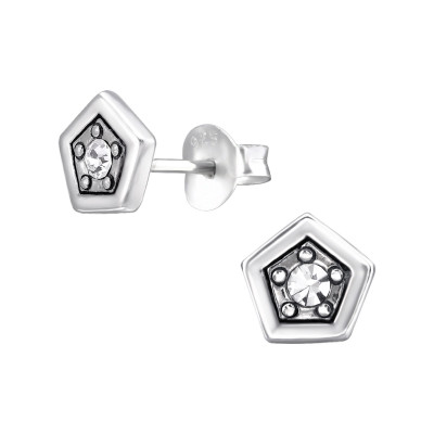 Silver Pentagon Ear Studs with Crystal