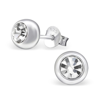 Round Sterling Silver Ear Studs with Crystal